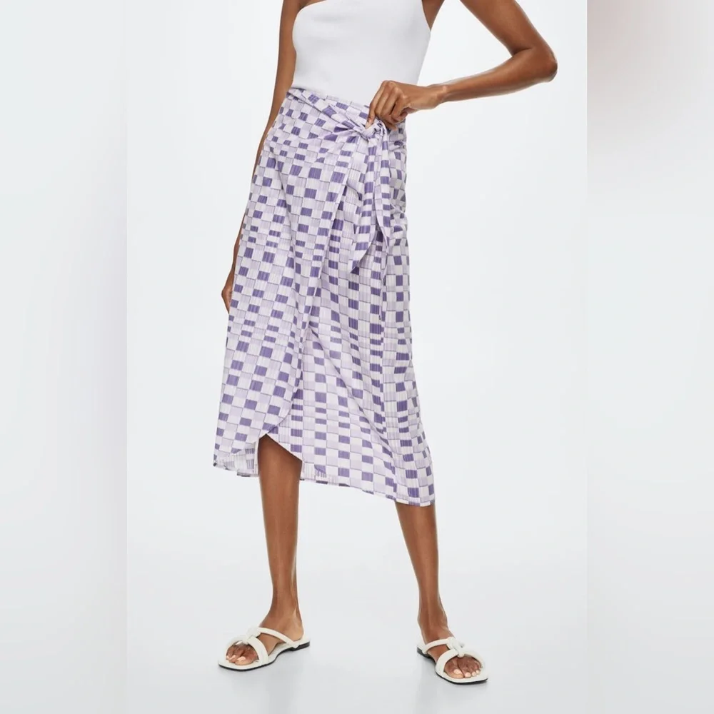 Mango 100% cotton Lavender Checkered Midi Skirt